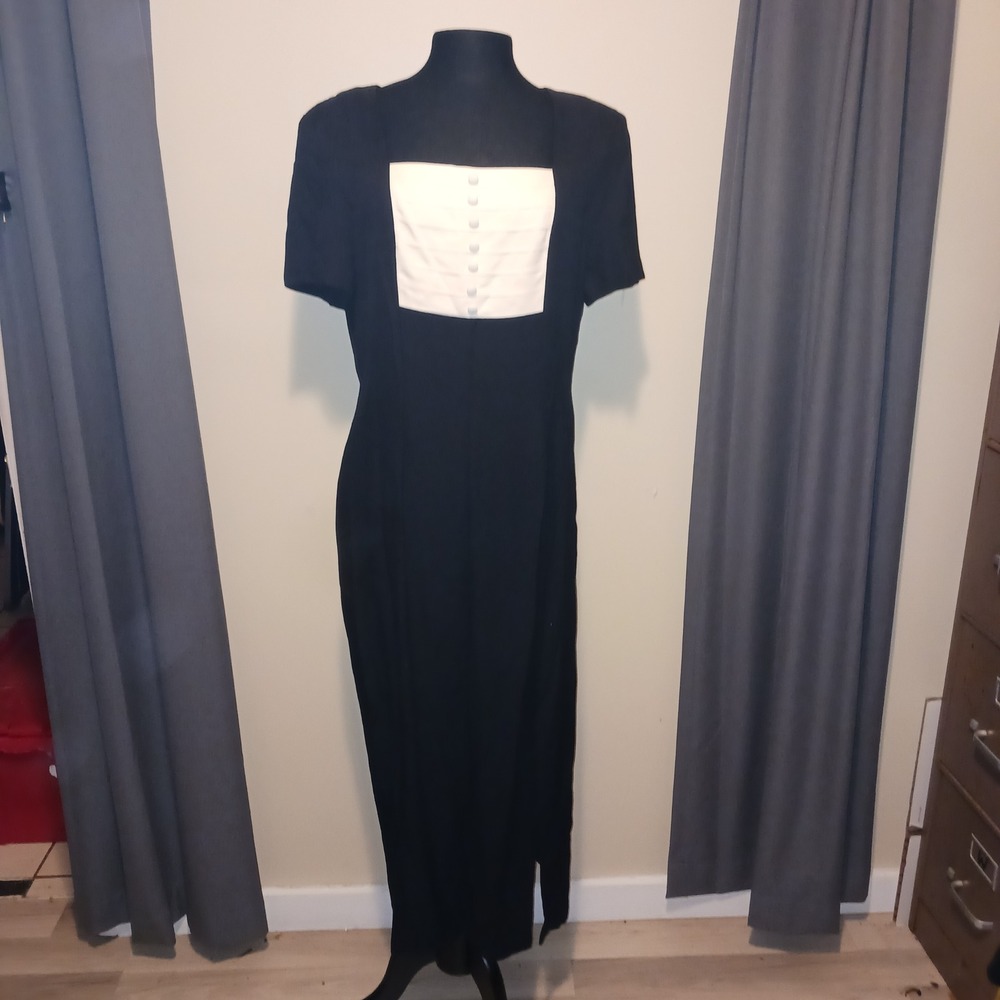 John Roberts Vintage Modest Amish Black White Tuxedo Bib Maxi Dress 16